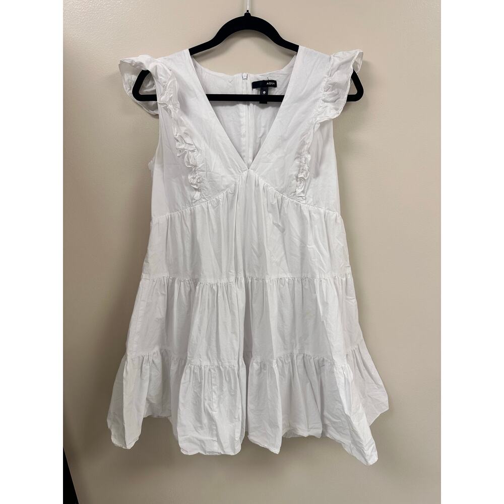 Aqua Brand Chic Coastal White puff sleeve ruffle cotton mini dress